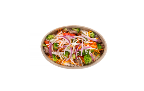 A bowl of teriyaki with soy-based glaze, fresh vegetables, and protein, prepared at Balance Grille in Perrysburg, Ohio.