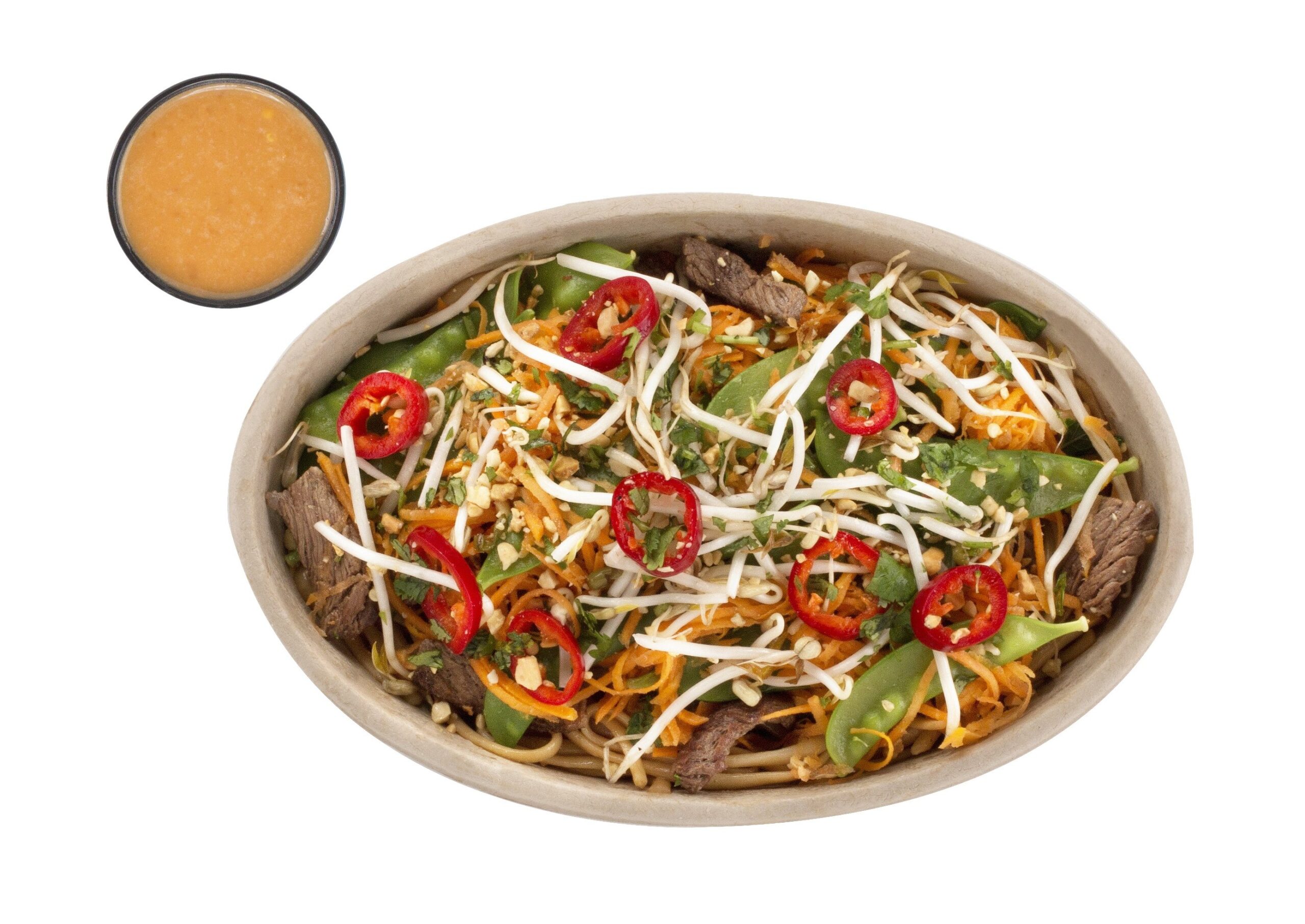 An image of a Thai Guy bowl and sauce made at Balance Grille, Toledo, placed on a white background.