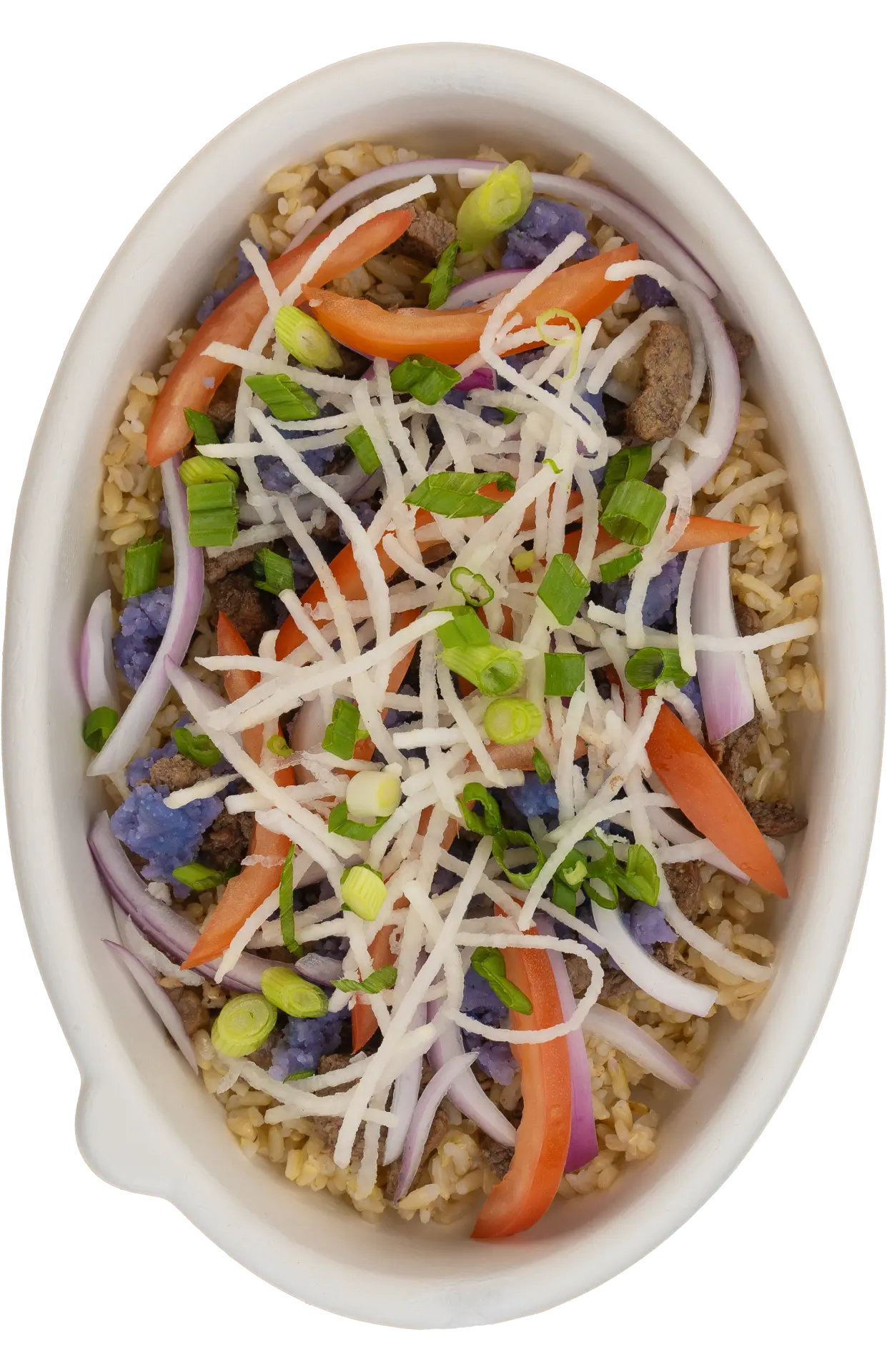 Yum Yum bowl with tomato, scallion, purple potato, and shredded daikon over brown rice.