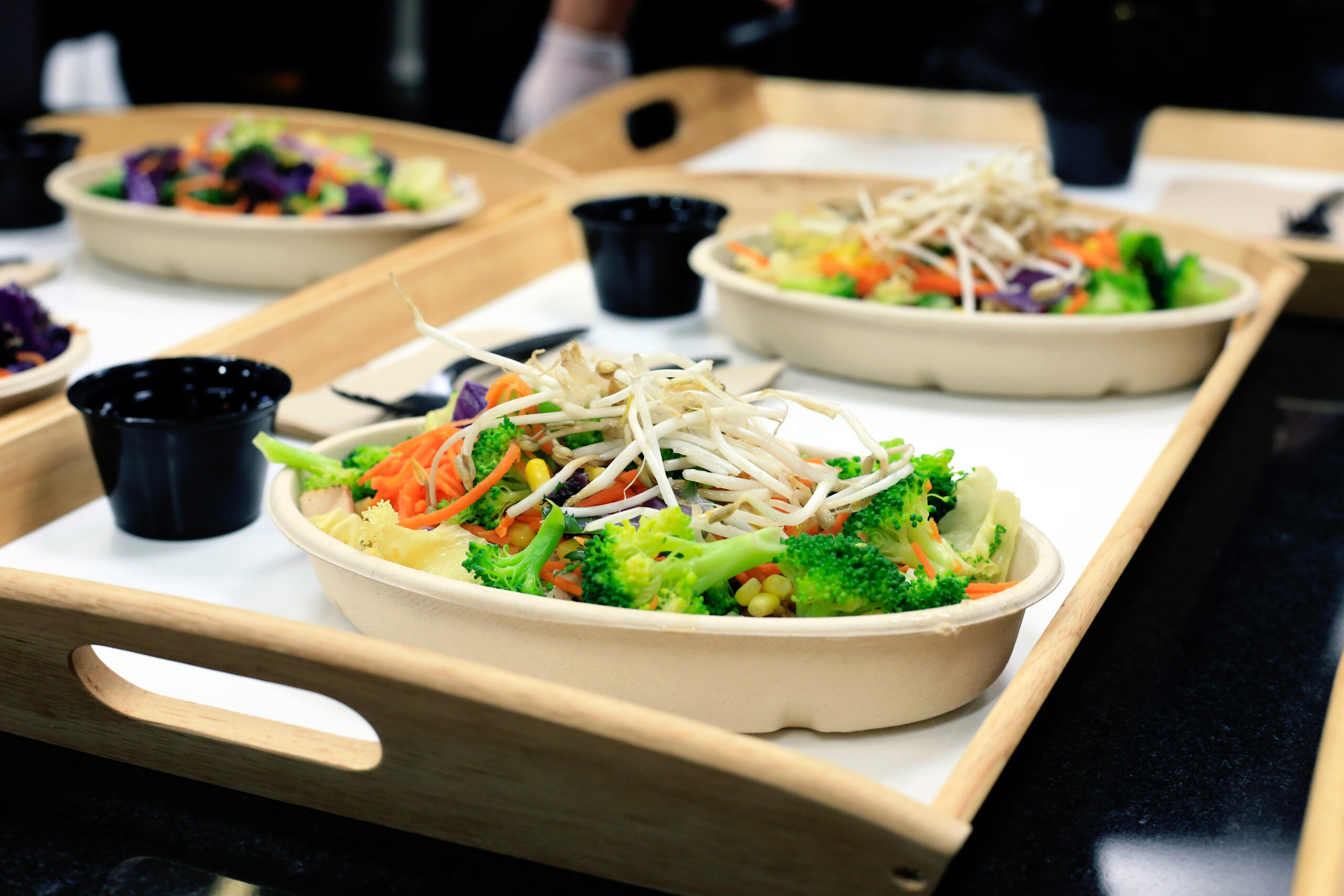 Three Asian rice bowls are served on plates, accompanied by sauce.
