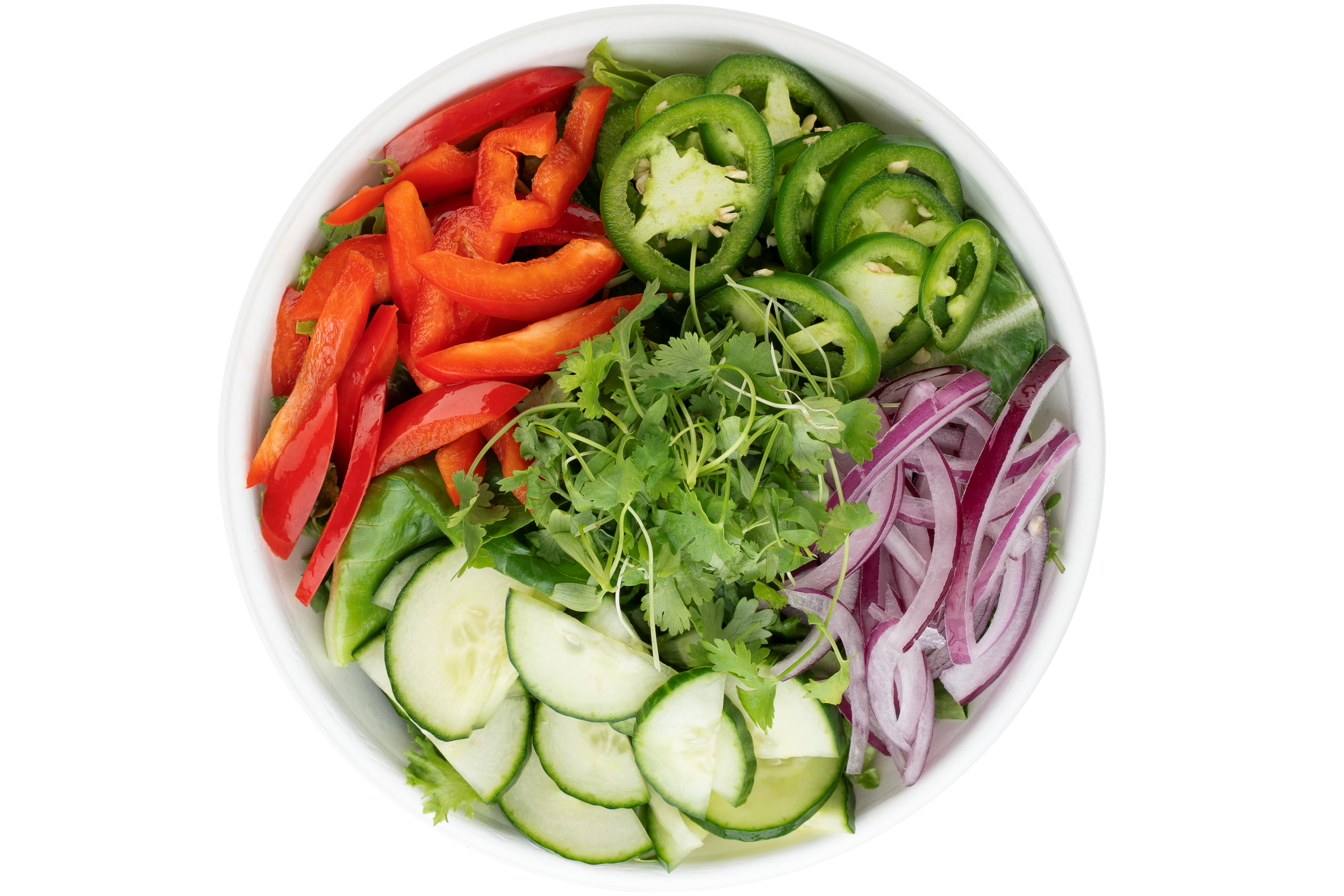 A refreshing bowl of Thai Chili Salad, packed with vibrant greens and topped with a zesty Thai chili dressing.