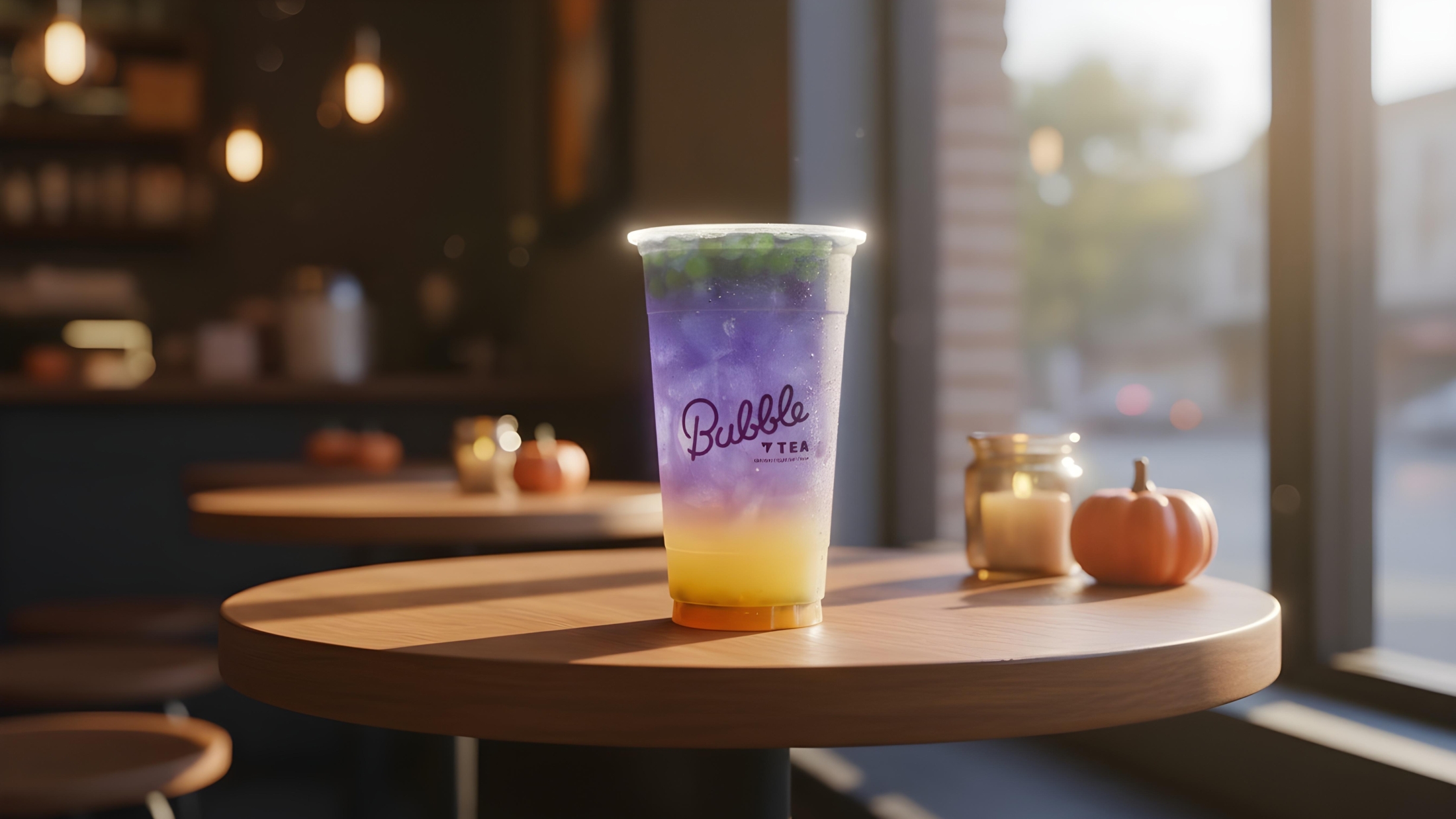 An image of Balance Grille’s Halloween special, limited edition Passion Potion Bubble Tea, on a table.